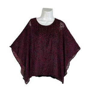 Chicos Size 2 Burnout Velvet Animal Print Sheer Top Blouse Burgundy Large Casual